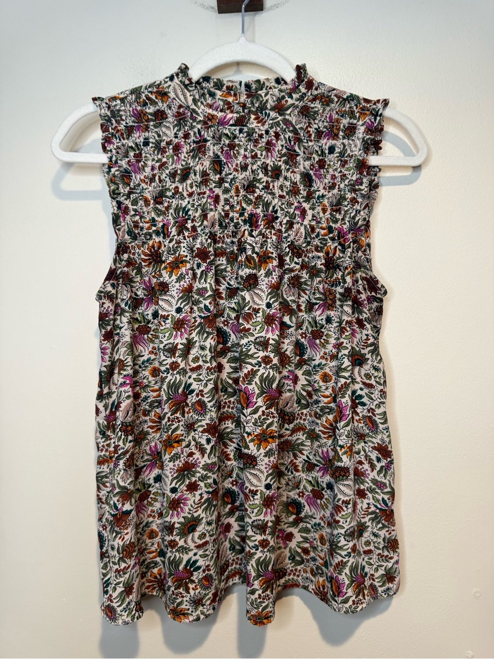 Anthro Maeve Darby Floral Smocked Sleeveless Ruffle Neck Blouse